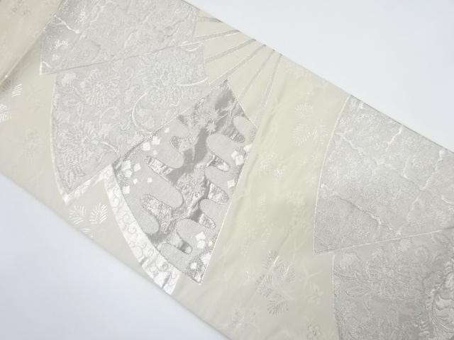 プラチナ箔　扇面に霞・花唐草模様織り出し　袋帯